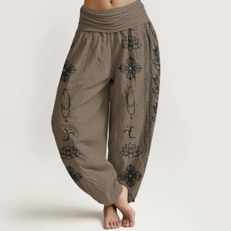 Pantaloni harem da donna con elastico in vita, motivo Buddha Stones Cotton Lotus Flowers Double Dorje Vajra Namaste Om - Image 18