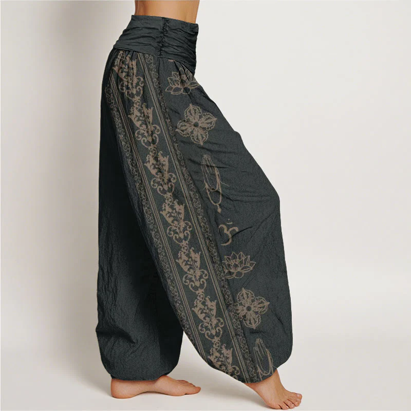 Pantaloni harem da donna con elastico in vita, motivo Buddha Stones Cotton Lotus Flowers Double Dorje Vajra Namaste Om - Image 3
