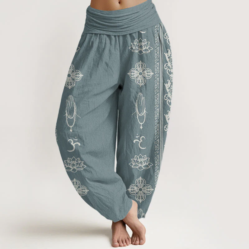 Pantaloni harem da donna con elastico in vita, motivo Buddha Stones Cotton Lotus Flowers Double Dorje Vajra Namaste Om - Image 5