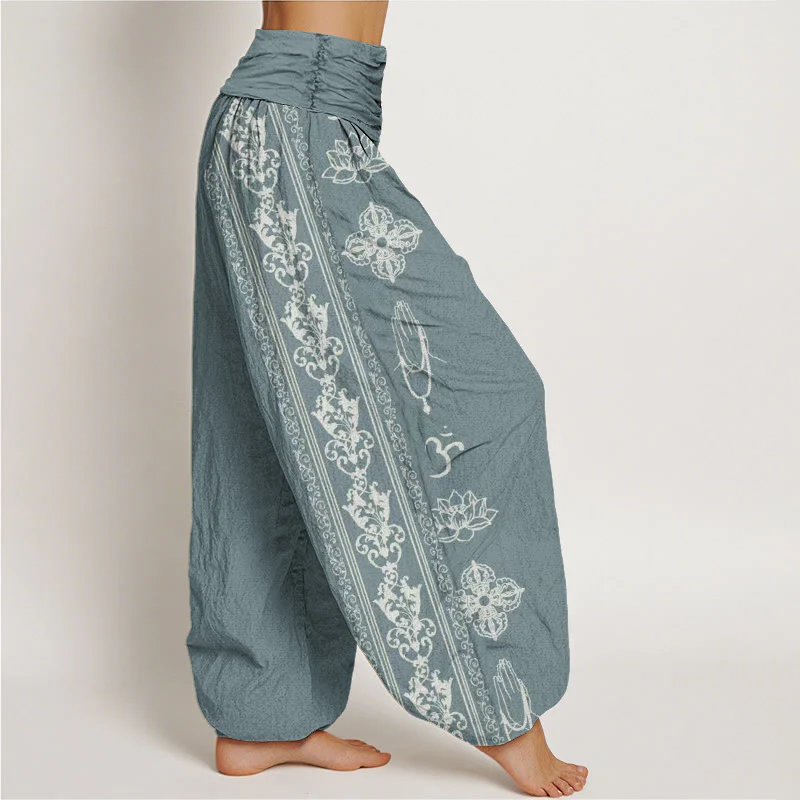 Pantaloni harem da donna con elastico in vita, motivo Buddha Stones Cotton Lotus Flowers Double Dorje Vajra Namaste Om - Image 7