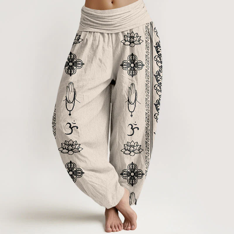 Pantaloni harem da donna con elastico in vita, motivo Buddha Stones Cotton Lotus Flowers Double Dorje Vajra Namaste Om - Image 9