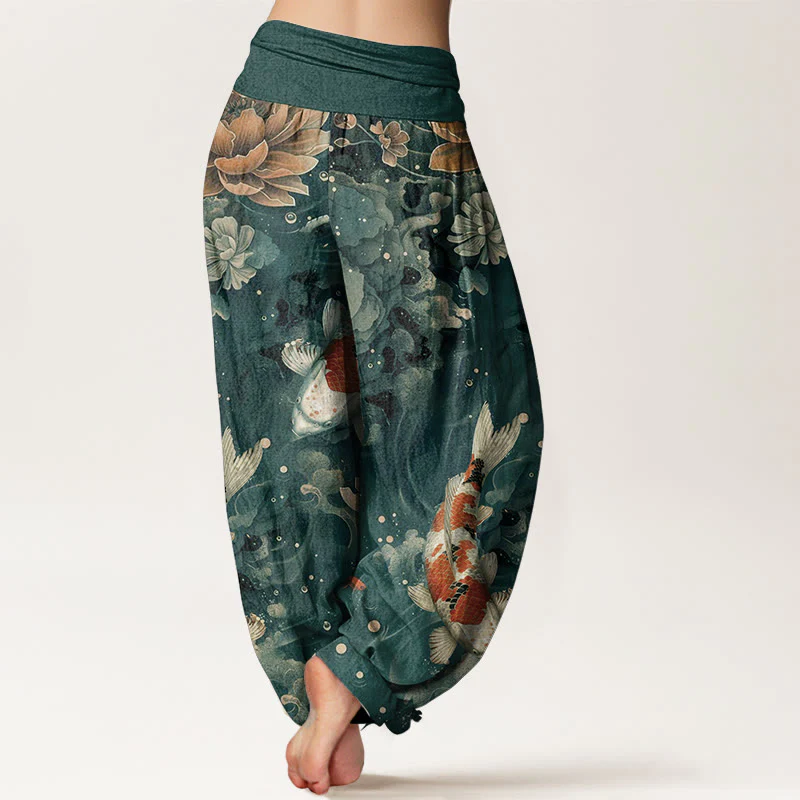 Pantaloni harem da donna con elastico in vita, in cotone, con motivo a Buddha Stones koi colorati e fiori di loto - Image 2