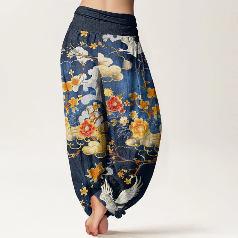 Pantaloni harem da donna con elastico in vita, in cotone, con motivo a Buddha Stones di buon auspicio, gru bianche e fiori rossi - Image 2