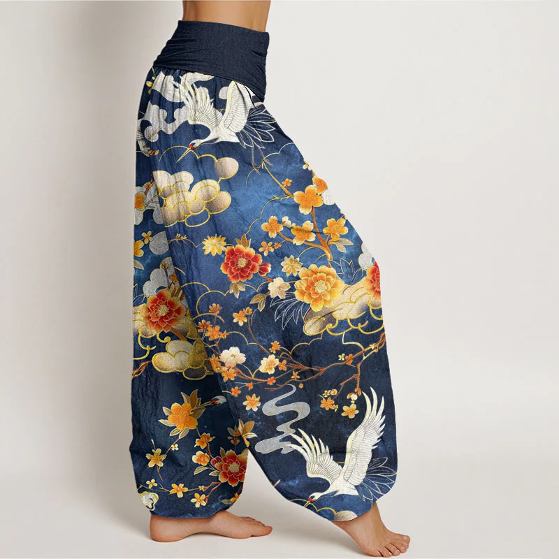 Pantaloni harem da donna con elastico in vita, in cotone, con motivo a Buddha Stones di buon auspicio, gru bianche e fiori rossi - Image 3