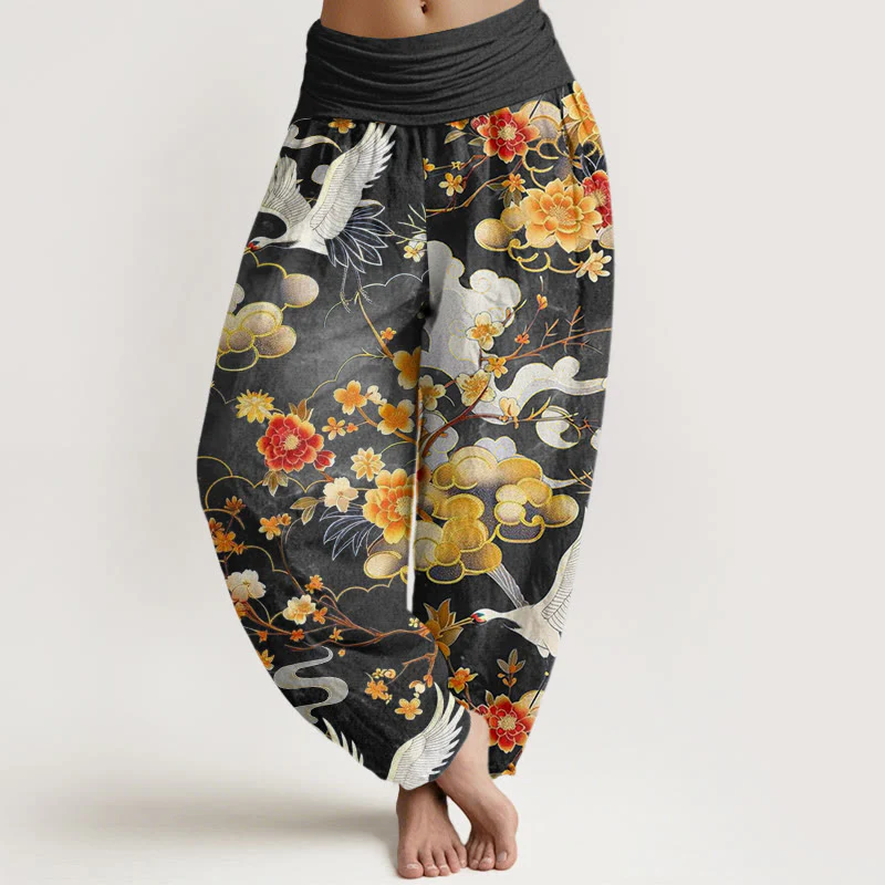 Pantaloni harem da donna con elastico in vita, in cotone, con motivo a Buddha Stones di buon auspicio, gru bianche e fiori rossi - Image 5