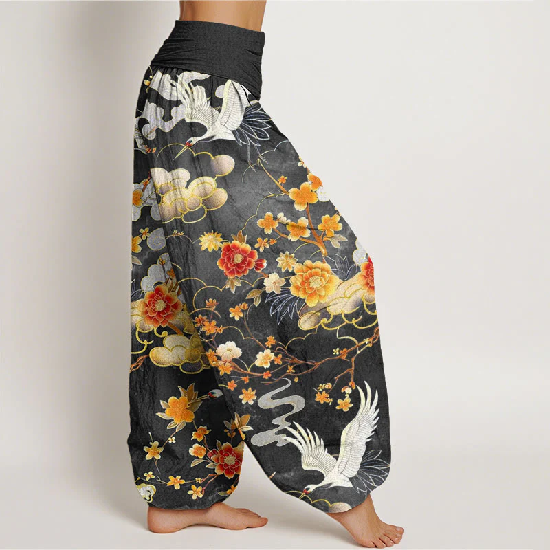 Pantaloni harem da donna con elastico in vita, in cotone, con motivo a Buddha Stones di buon auspicio, gru bianche e fiori rossi - Image 7