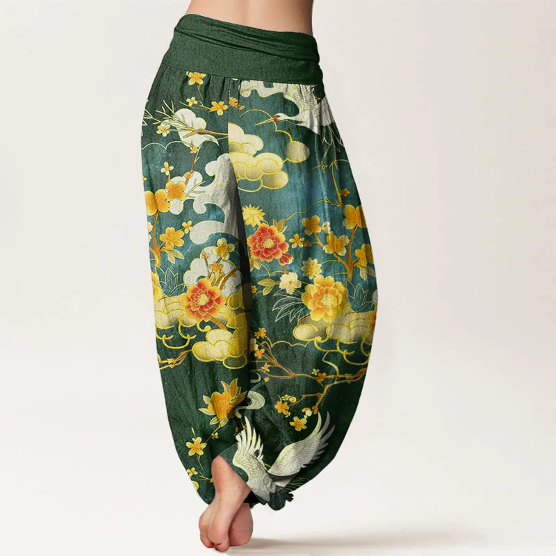 Pantaloni harem da donna con elastico in vita, in cotone, con motivo a Buddha Stones di buon auspicio, gru bianche e fiori rossi - Image 9