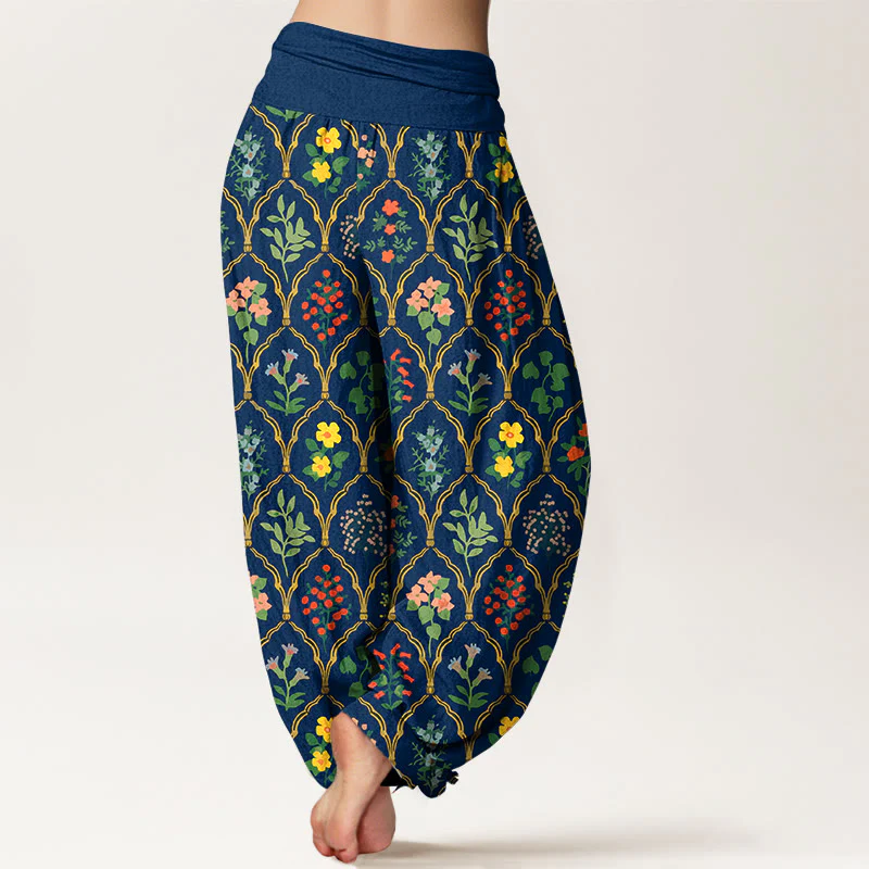 Pantaloni harem da donna con elastico in vita, motivo con fiori brillanti, Buddha Stones foglie, in puro cotone - Image 10