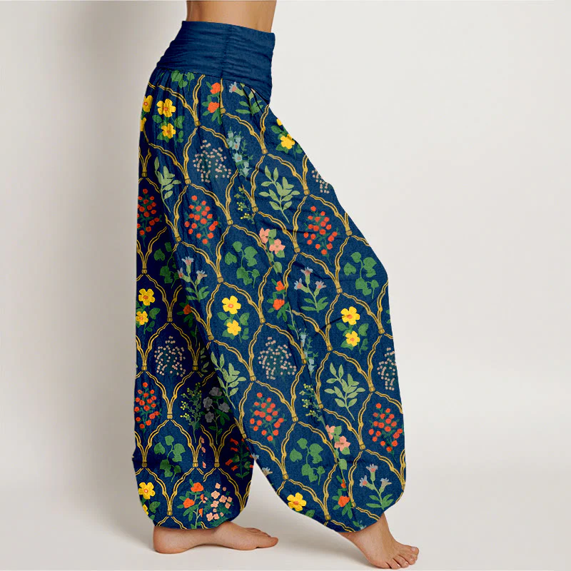 Pantaloni harem da donna con elastico in vita, motivo con fiori brillanti, Buddha Stones foglie, in puro cotone - Image 11