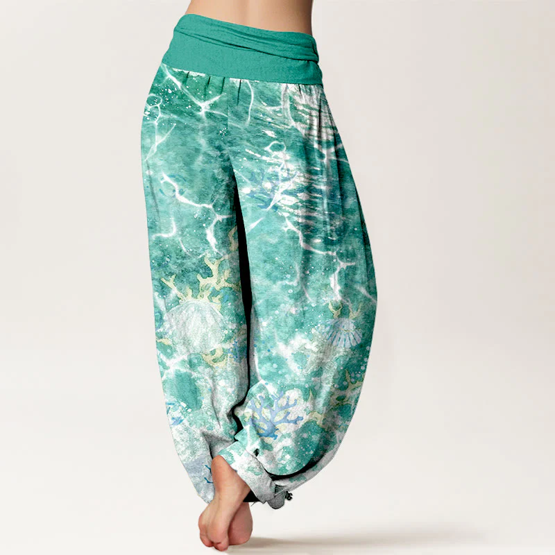Pantaloni harem da donna con elastico in vita, motivo corallo e conchiglie dell'oceano vivace in cotone Buddha Stones - Image 10