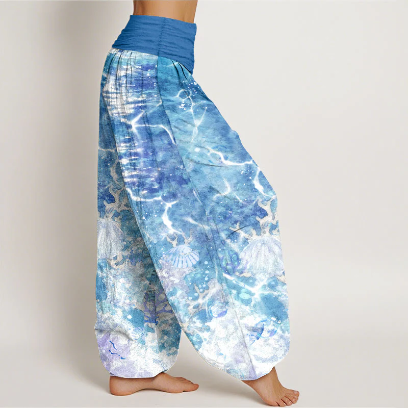 Pantaloni harem da donna con elastico in vita, motivo corallo e conchiglie dell'oceano vivace in cotone Buddha Stones - Image 3