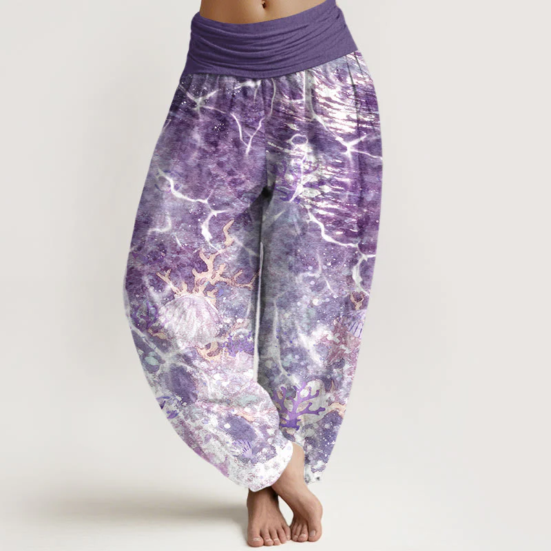 Pantaloni harem da donna con elastico in vita, motivo corallo e conchiglie dell'oceano vivace in cotone Buddha Stones - Image 6