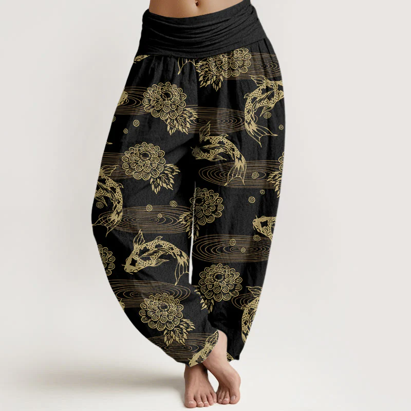 Pantaloni harem da donna con elastico in vita, motivo curvo, in cotone con Buddha Stones , squisiti fiori e foglie di pesce koi