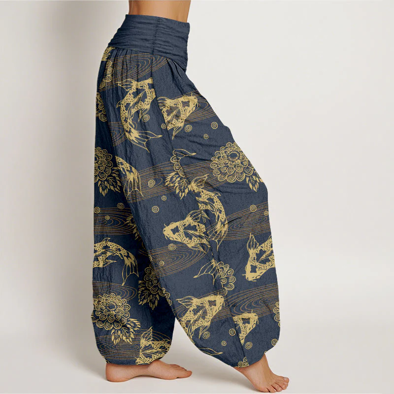 Pantaloni harem da donna con elastico in vita, motivo curvo, in cotone con Buddha Stones , squisiti fiori e foglie di pesce koi - Image 11
