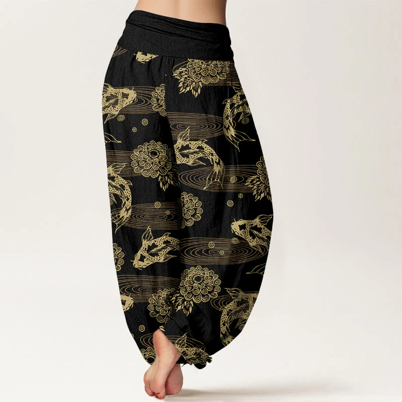 Pantaloni harem da donna con elastico in vita, motivo curvo, in cotone con Buddha Stones , squisiti fiori e foglie di pesce koi - Image 2