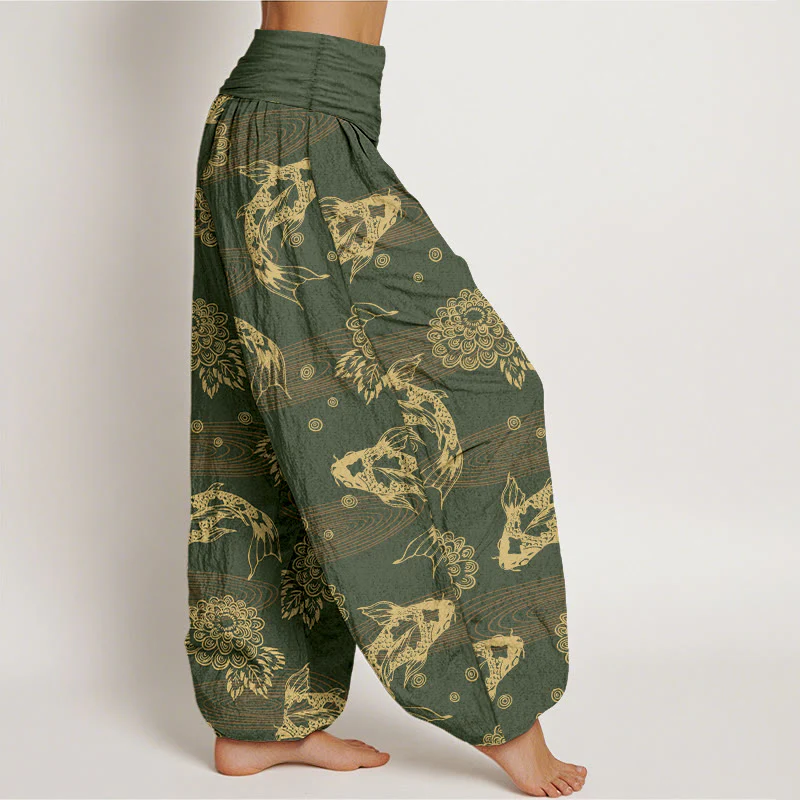 Pantaloni harem da donna con elastico in vita, motivo curvo, in cotone con Buddha Stones , squisiti fiori e foglie di pesce koi - Image 8