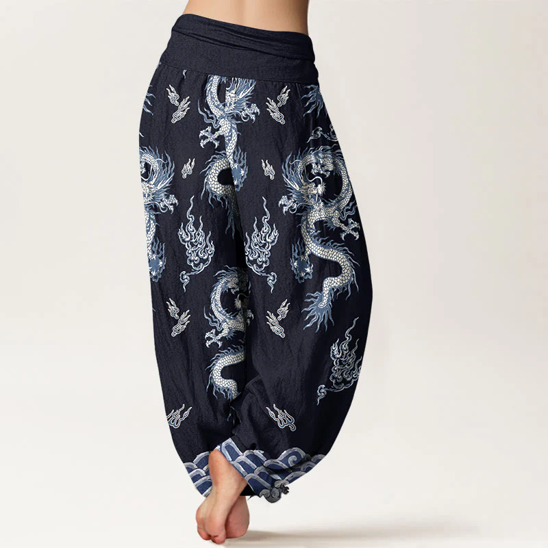 Pantaloni harem da donna con elastico in vita, motivo drago e nuvola in puro cotone Buddha Stones - Image 10
