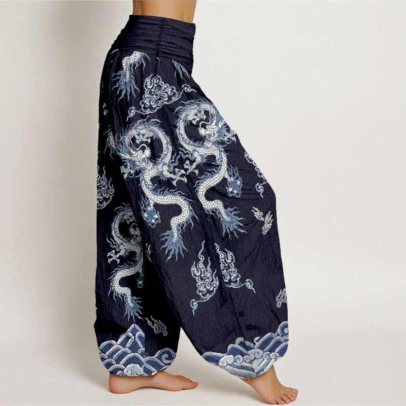 Pantaloni harem da donna con elastico in vita, motivo drago e nuvola in puro cotone Buddha Stones - Image 11