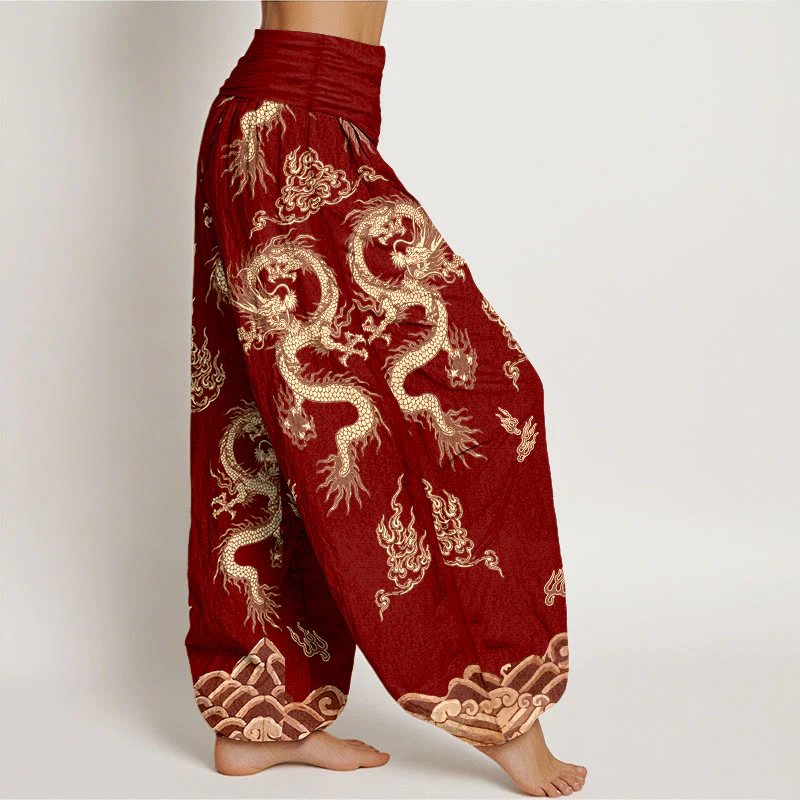 Pantaloni harem da donna con elastico in vita, motivo drago e nuvola in puro cotone Buddha Stones - Image 3
