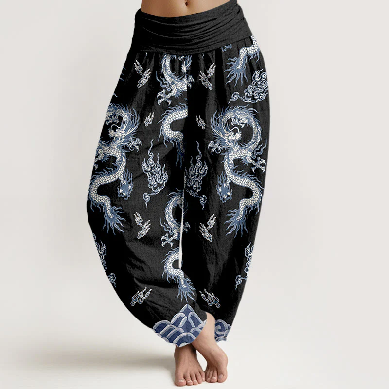 Pantaloni harem da donna con elastico in vita, motivo drago e nuvola in puro cotone Buddha Stones - Image 6