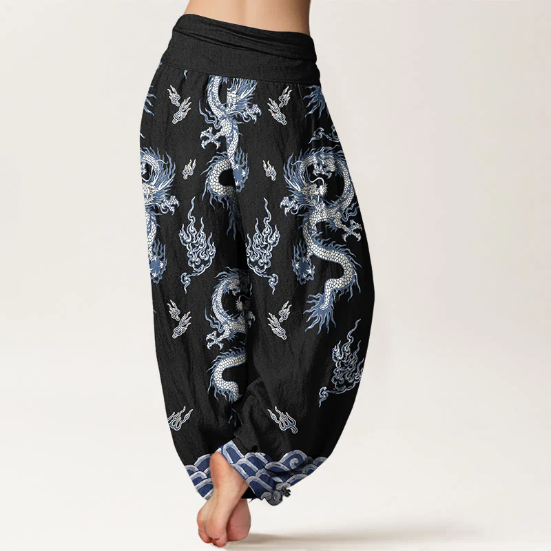 Pantaloni harem da donna con elastico in vita, motivo drago e nuvola in puro cotone Buddha Stones - Image 7