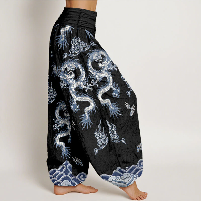 Pantaloni harem da donna con elastico in vita, motivo drago e nuvola in puro cotone Buddha Stones - Image 8