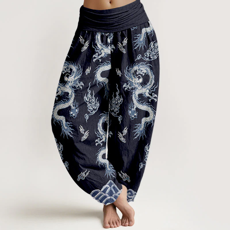 Pantaloni harem da donna con elastico in vita, motivo drago e nuvola in puro cotone Buddha Stones - Image 9