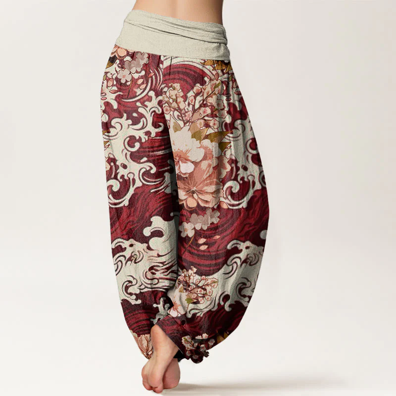 Pantaloni harem da donna con elastico in vita, motivo floreale e onde in cotone casual Buddha Stones - Image 10