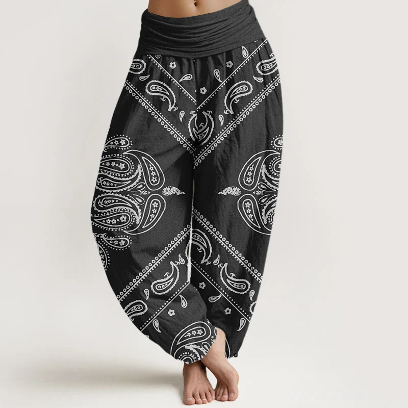 Pantaloni harem da donna con elastico in vita, motivo floreale e paisley, in cotone, casual, con Buddha Stones