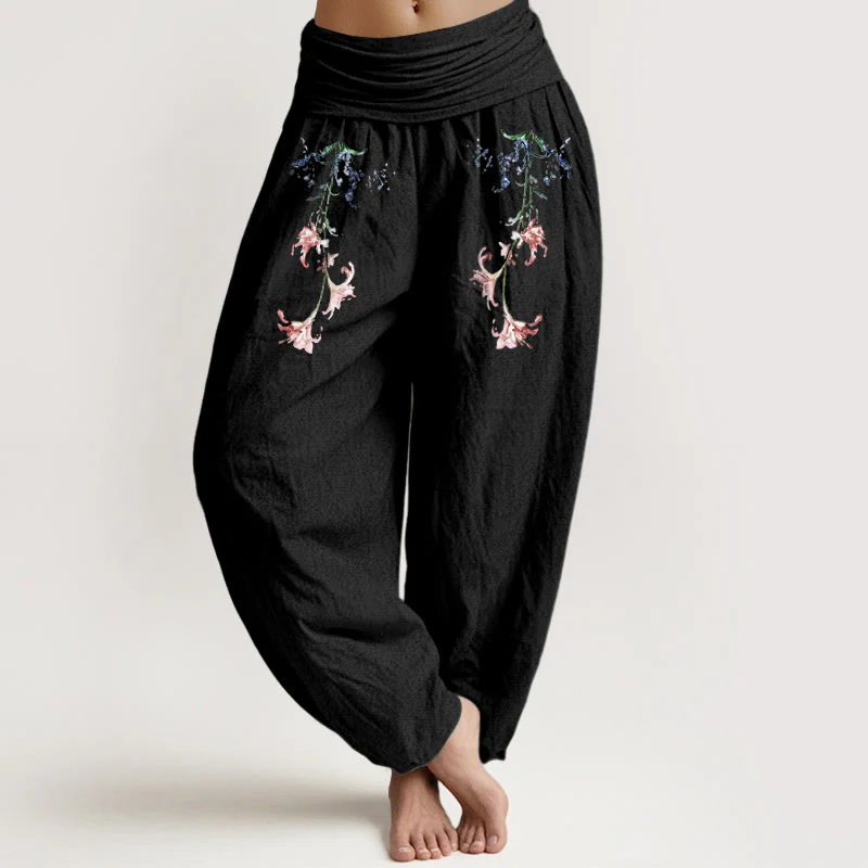 Pantaloni harem da donna con elastico in vita, motivo floreale pastello semplice in puro cotone Buddha Stones