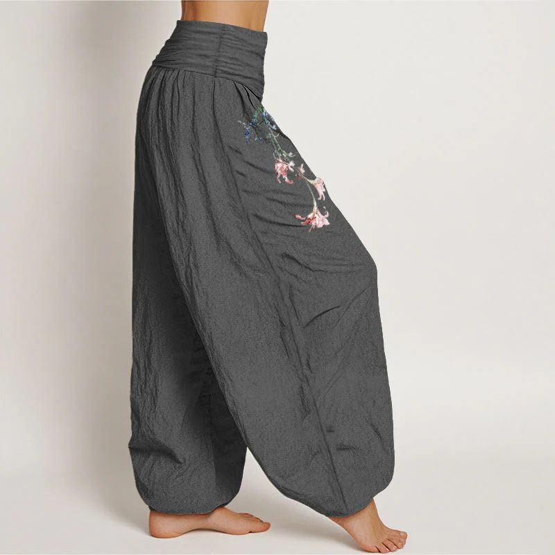Pantaloni harem da donna con elastico in vita, motivo floreale pastello semplice in puro cotone Buddha Stones - Image 11