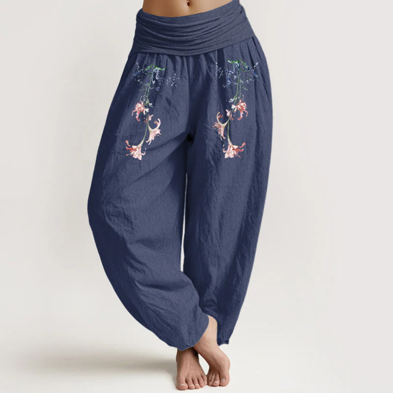 Pantaloni harem da donna con elastico in vita, motivo floreale pastello semplice in puro cotone Buddha Stones - Image 6