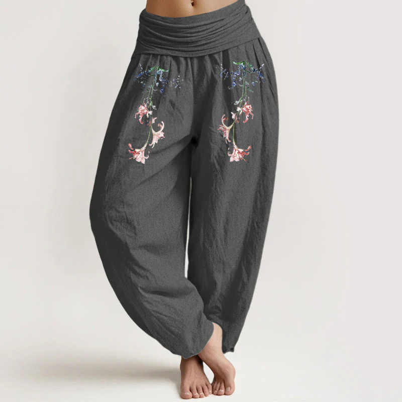 Pantaloni harem da donna con elastico in vita, motivo floreale pastello semplice in puro cotone Buddha Stones - Image 9
