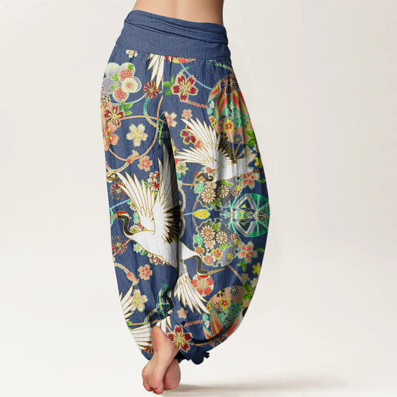 Pantaloni harem da donna con elastico in vita, motivo geometrico floreale e motivo a gru in cotone casual Buddha Stones - Image 2