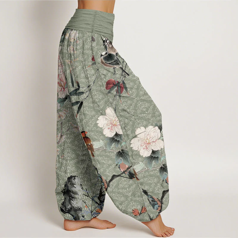 Pantaloni harem da donna con elastico in vita, motivo mandala, in puro cotone, con rami di fiori in fiore, motivo Buddha Stones. - Image 3