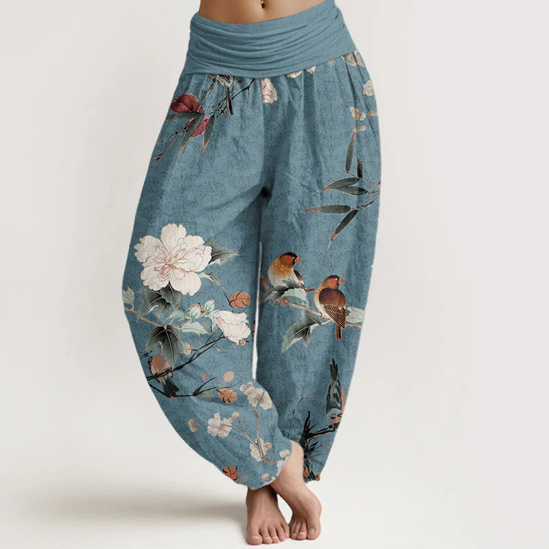 Pantaloni harem da donna con elastico in vita, motivo mandala, in puro cotone, con rami di fiori in fiore, motivo Buddha Stones. - Image 6