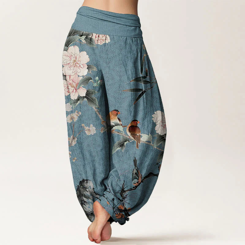Pantaloni harem da donna con elastico in vita, motivo mandala, in puro cotone, con rami di fiori in fiore, motivo Buddha Stones. - Image 7