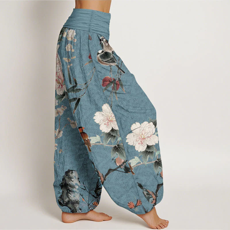 Pantaloni harem da donna con elastico in vita, motivo mandala, in puro cotone, con rami di fiori in fiore, motivo Buddha Stones. - Image 8