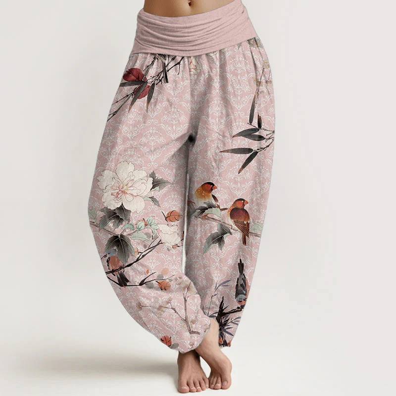 Pantaloni harem da donna con elastico in vita, motivo mandala, in puro cotone, con rami di fiori in fiore, motivo Buddha Stones. - Image 9