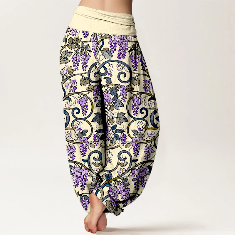Pantaloni harem da donna con elastico in vita, stile retrò, in puro cotone, con splendidi glicini, motivo Buddha Stones - Image 10