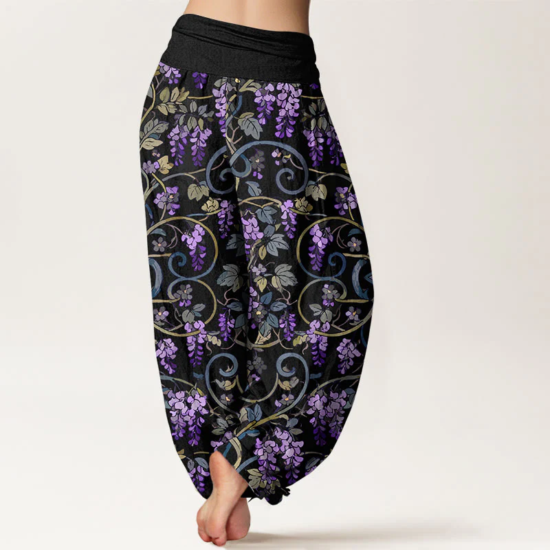 Pantaloni harem da donna con elastico in vita, stile retrò, in puro cotone, con splendidi glicini, motivo Buddha Stones - Image 2
