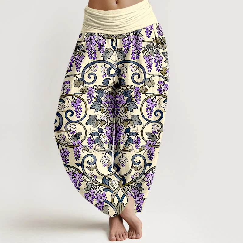 Pantaloni harem da donna con elastico in vita, stile retrò, in puro cotone, con splendidi glicini, motivo Buddha Stones - Image 9