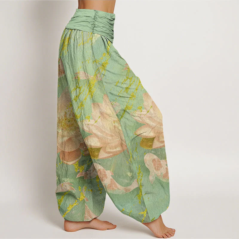 Pantaloni harem da donna in cotone con motivo a fiori di loto e pesci koi, stile casual, motivo Buddha Stones - Image 7