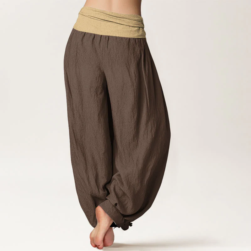 Pantaloni harem da donna in cotone con elastico in vita, colore marrone, blu e nero, tinta unita , Buddha Stones - Image 2