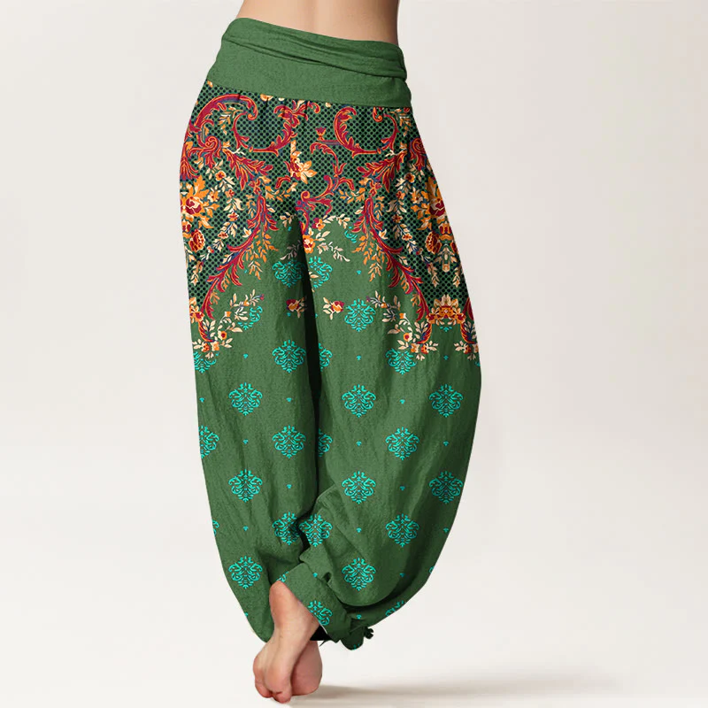 Pantaloni harem da donna in cotone con elastico in vita e motivo a foglie simmetriche Buddha Stones - Image 10