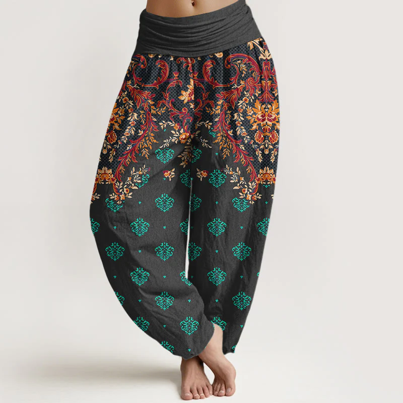 Pantaloni harem da donna in cotone con elastico in vita e motivo a foglie simmetriche Buddha Stones - Image 6