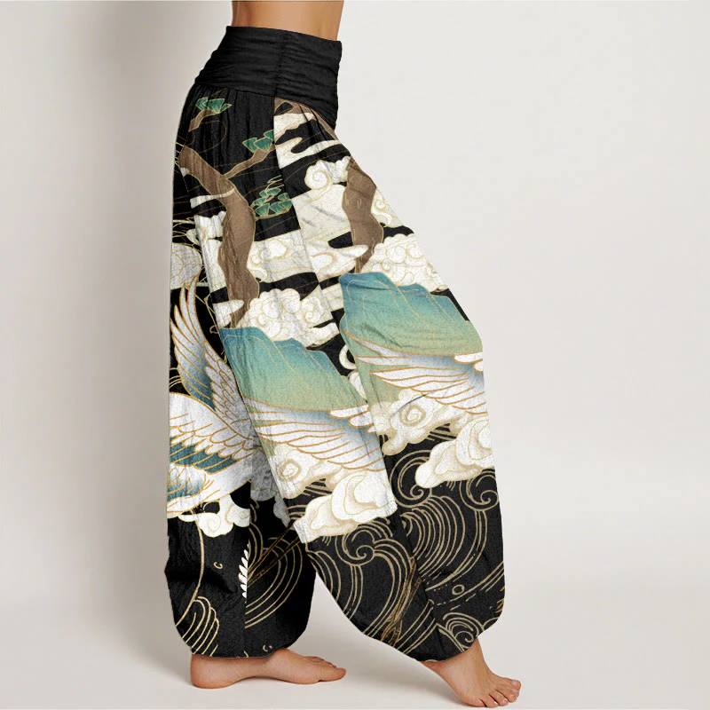 Pantaloni harem da donna in cotone con elastico in vita, motivo : Buddha Stones, gru volanti, nuvole di buon auspicio, albero - Image 3