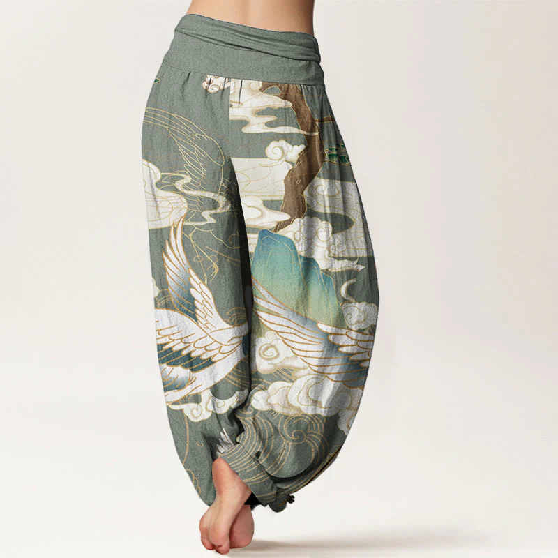 Pantaloni harem da donna in cotone con elastico in vita, motivo : Buddha Stones, gru volanti, nuvole di buon auspicio, albero - Image 7