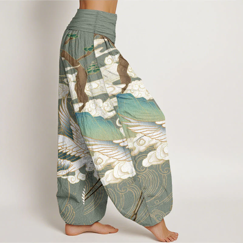 Pantaloni harem da donna in cotone con elastico in vita, motivo : Buddha Stones, gru volanti, nuvole di buon auspicio, albero - Image 8