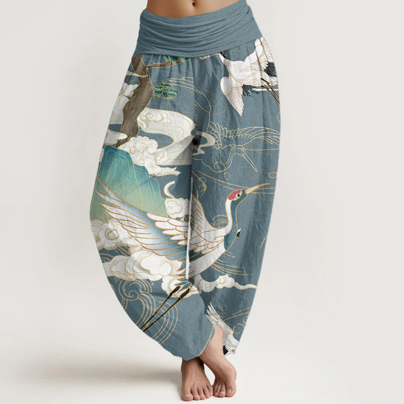 Pantaloni harem da donna in cotone con elastico in vita, motivo : Buddha Stones, gru volanti, nuvole di buon auspicio, albero - Image 9